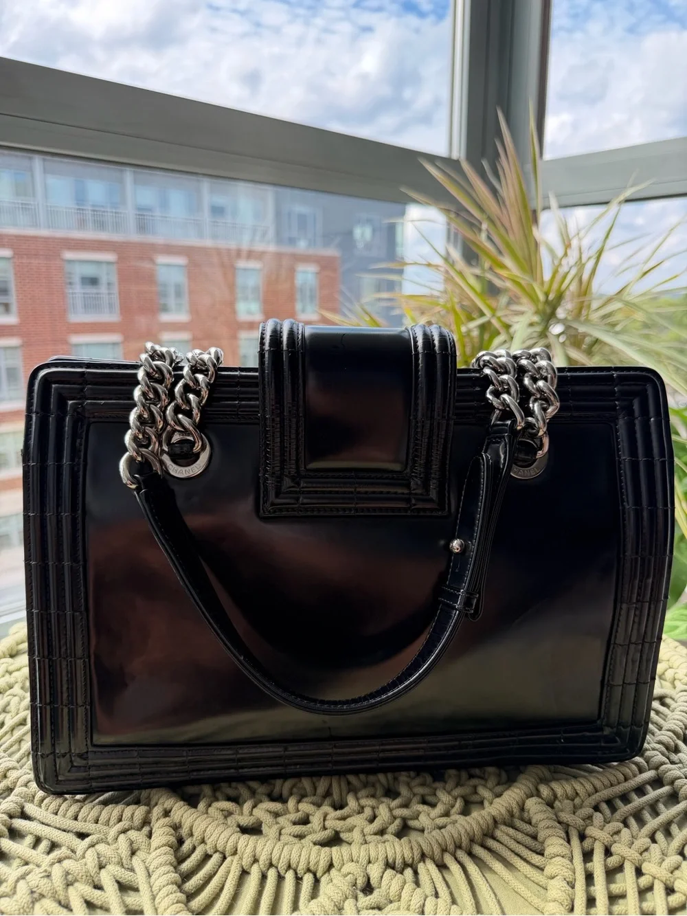 CHANEL Black Patent Satchel with Silver-Tone Chain